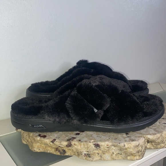 Skechers Women's Arch Fit Go Lounge Unwind Black Faux Fur Buckle Slippers Sz 10 - Picture 4 of 15